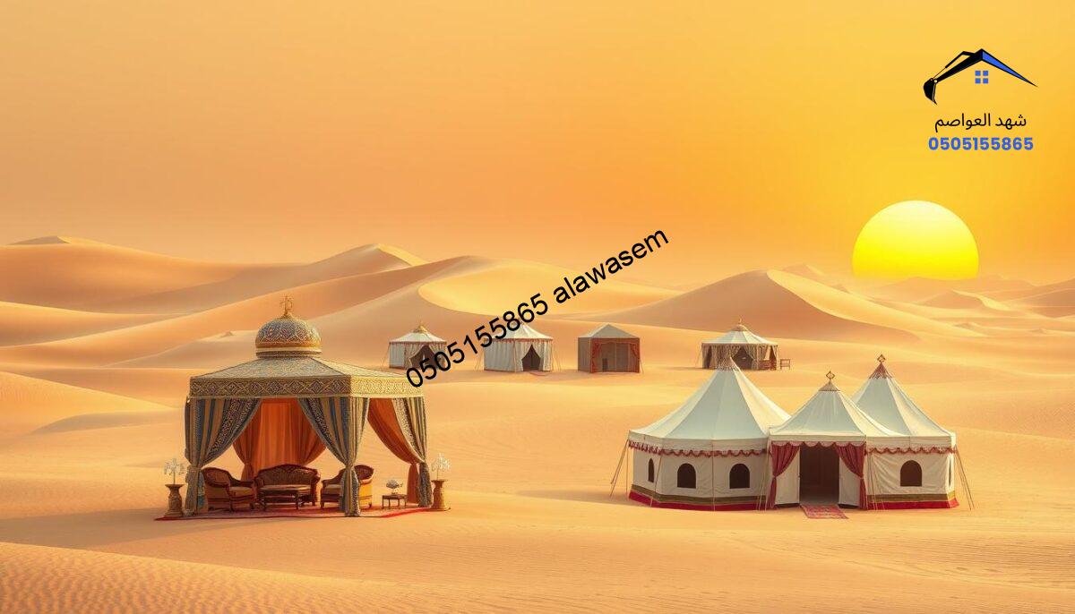 A beautiful and culturally rich scene showcasing various types of traditional Arabic tents, known as "بيوت الشعر," illustrated in a desert landscape. In the foreground, a luxurious royal tent, adorned with intricate patterns and vibrant colors, stands distinctively with elegant furnishings. The middle layer features simpler, yet traditional tents representing common styles, diverse in size and design, made from natural materials. In the background, gentle sand dunes rise under a warm golden sunset, casting soft shadows and enhancing the ambiance. The overall mood is serene and inviting, reflecting the heritage and craftsmanship of tent-making. The scene is captured with soft, diffuse lighting to evoke warmth and nostalgia, shot at a slightly low angle to emphasize the grandeur of the tents against the vast, open sky.