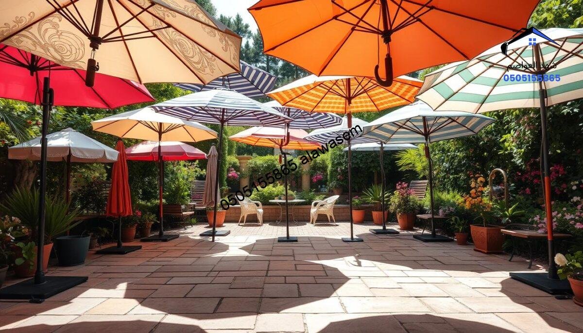 A beautifully arranged garden patio showcasing a variety of outdoor umbrellas, known as "مظلات الحدائق." In the foreground, large, colorful umbrellas in different designs and patterns are intricately displayed, casting playful shadows on a stone patio. In the middle ground, charming garden furniture complements the umbrellas, inviting relaxation. The background features lush greenery and blooming flowers, enhancing the garden feel. Soft, natural lighting filters through the umbrellas, creating a warm, inviting atmosphere. The scene is captured from a slightly elevated angle, providing a comprehensive view of the outdoor setting. The mood is serene, emphasizing the beauty and functionality of the garden umbrellas without any distractions.