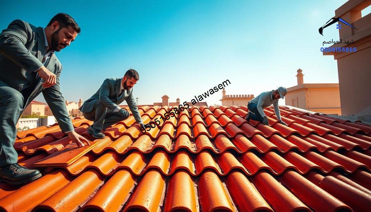 A beautifully arranged outdoor scene showcasing the installation of Spanish roofing tiles (قرميد اسباني) in Riyadh. In the foreground, skilled workers in professional business attire are carefully laying down vibrant terracotta tiles, demonstrating their craftsmanship. The middle ground features a partially completed roof, highlighting the texture and design of the tiles against the warm hues of the Riyadh sunlight. In the background, a clear blue sky contrasts with the traditional architecture of the surrounding buildings, typical of the region. Soft sunlight casts gentle shadows, enhancing the craftsmanship's details and creating a warm, inviting atmosphere. The image evokes a sense of professionalism, quality, and the beauty of traditional roofing work in Riyadh.