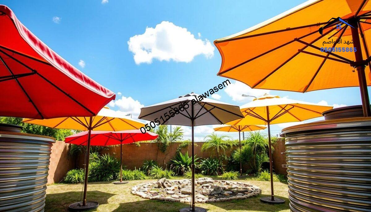 A beautifully arranged outdoor setting showcasing several well-maintained water tank umbrellas, designed to provide protection from the sun. In the foreground, focus on the vibrant colors of the umbrella fabrics, highlighting various textures and patterns. In the middle ground, include a lush garden area around the tanks with greenery and decorative stones to enhance the aesthetic appeal. The background should feature a bright blue sky with a few fluffy clouds, indicative of sunny weather. Soft natural lighting casts gentle shadows, creating a serene and inviting atmosphere. The angle should be slightly elevated to capture both the umbrellas and the surrounding landscape, conveying a sense of careful maintenance and protection for the tanks below.