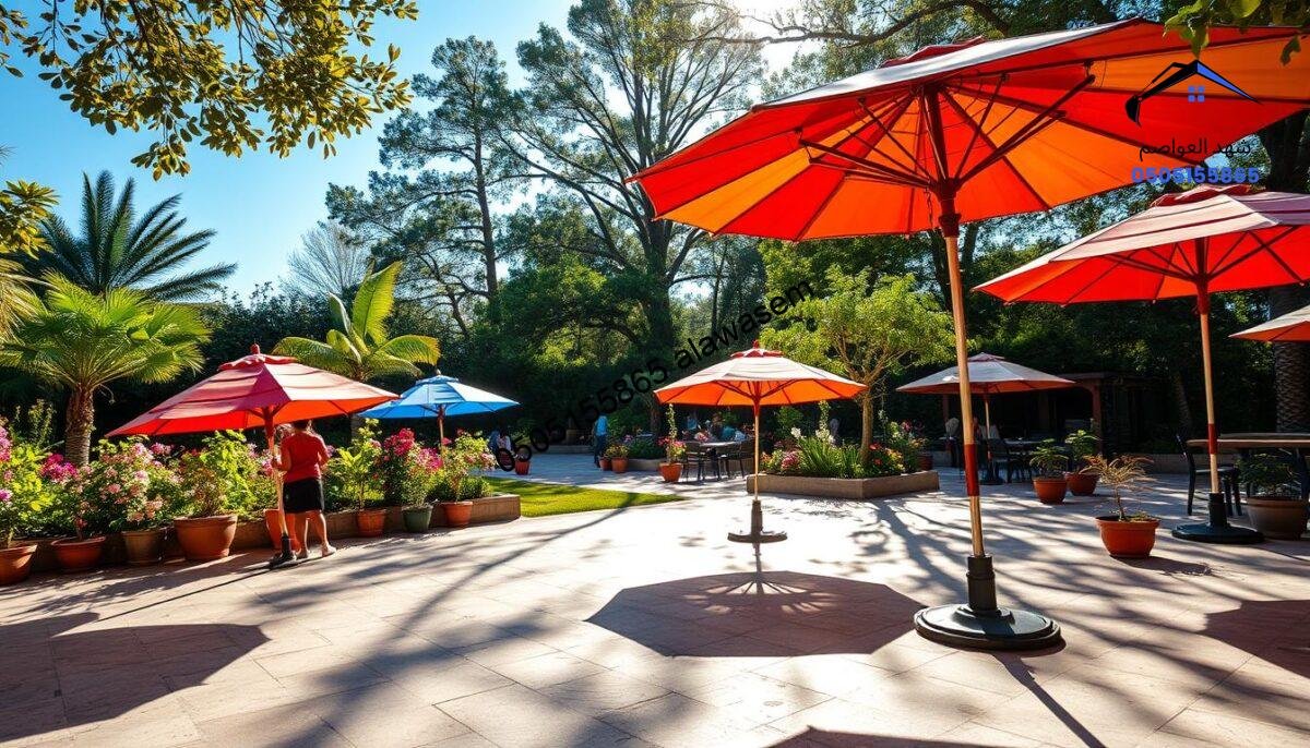 A beautifully arranged scene featuring traditional "مظلات احواش" (patio umbrellas) in a serene outdoor setting. In the foreground, several colorful patio umbrellas are elegantly deployed, casting playful shadows on a polished stone patio. In the middle ground, a lush garden is visible, filled with vibrant flowers and potted plants, creating a peaceful atmosphere. In the background, a bright blue sky peeks through the leaves of tall trees, giving an impression of a tranquil afternoon. The lighting is soft and warm, emphasizing the colors of the umbrellas and garden, evoking a sense of relaxation and comfort. The angle should be slightly elevated to capture the full essence of the setting without any human subjects.