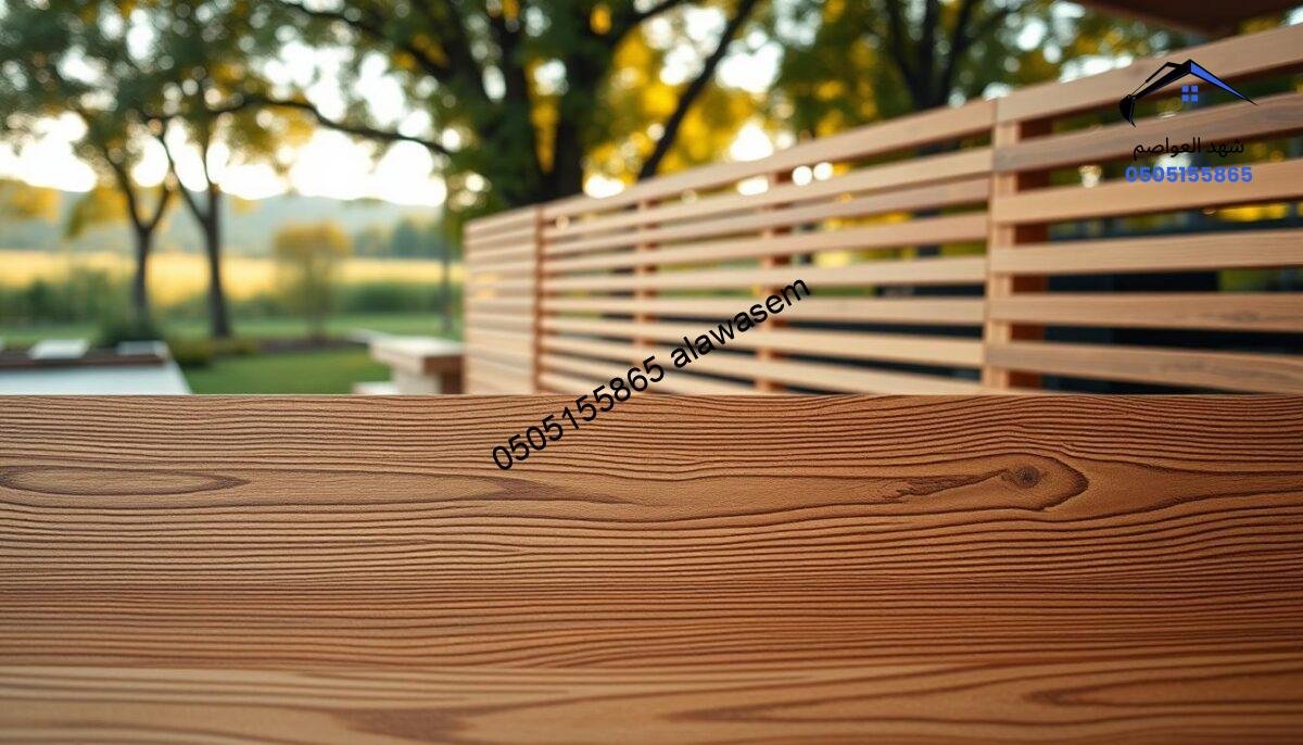 A beautifully crafted scene showcasing wooden slats for wall barriers, featuring treated and polished wooden panels with a rich natural grain. In the foreground, the intricate details of the wood texture are highlighted, showcasing the craftsmanship involved in their treatment. The middle ground includes a partially assembled structure, showing the alignment of slats in a modern context, emphasizing their practical utility in construction and design. The background features a serene landscape, with soft, warm lighting filtering through leafy trees, creating an inviting atmosphere. The angle is slightly elevated, providing a clear view of the slats while capturing their height and presence. The overall mood is professional and organized, perfect for illustrating the manufacturing and installation process of wooden barriers.