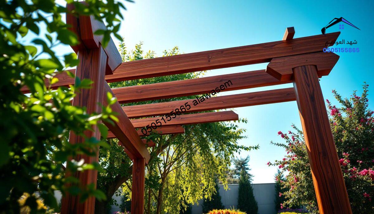 A beautifully crafted wooden pergola, highlighting the elegance and durability of quality materials, stands in a well-manicured garden. In the foreground, rich, textured wooden beams arch gracefully overhead, showcasing intricate joinery and a polished finish. The middle ground features lush greenery and vibrant flowers, framing the pergola and enhancing its natural beauty. Soft, dappled sunlight filters through the leaves, creating a warm and inviting atmosphere. In the background, a serene blue sky contrasts with the earthy tones of the wood, evoking a sense of tranquility and harmony with nature. The composition captures the essence of high-quality craftsmanship and aesthetic appeal, emphasizing the functionality and style of wooden pergolas.