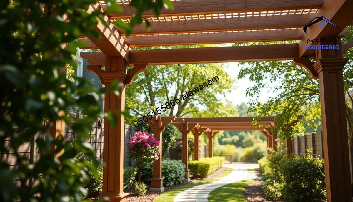 A beautifully designed custom pergola in a tranquil outdoor setting, showcasing elegant woodwork and modern architectural elements. The foreground features intricate details of the pergola's structure, including decorative beams and lattice. In the middle ground, lush greenery complements the pergola, with plants and flowers gently swaying in a soft breeze. The background displays a serene garden path that leads to the pergola, with dappled sunlight filtering through the leaves, creating a warm and inviting atmosphere. Captured from a low angle that emphasizes the height and craftsmanship of the pergola, this image conveys a sense of relaxation and elegance, suitable for outdoor living. Aim for soft, natural lighting to enhance the inviting mood.