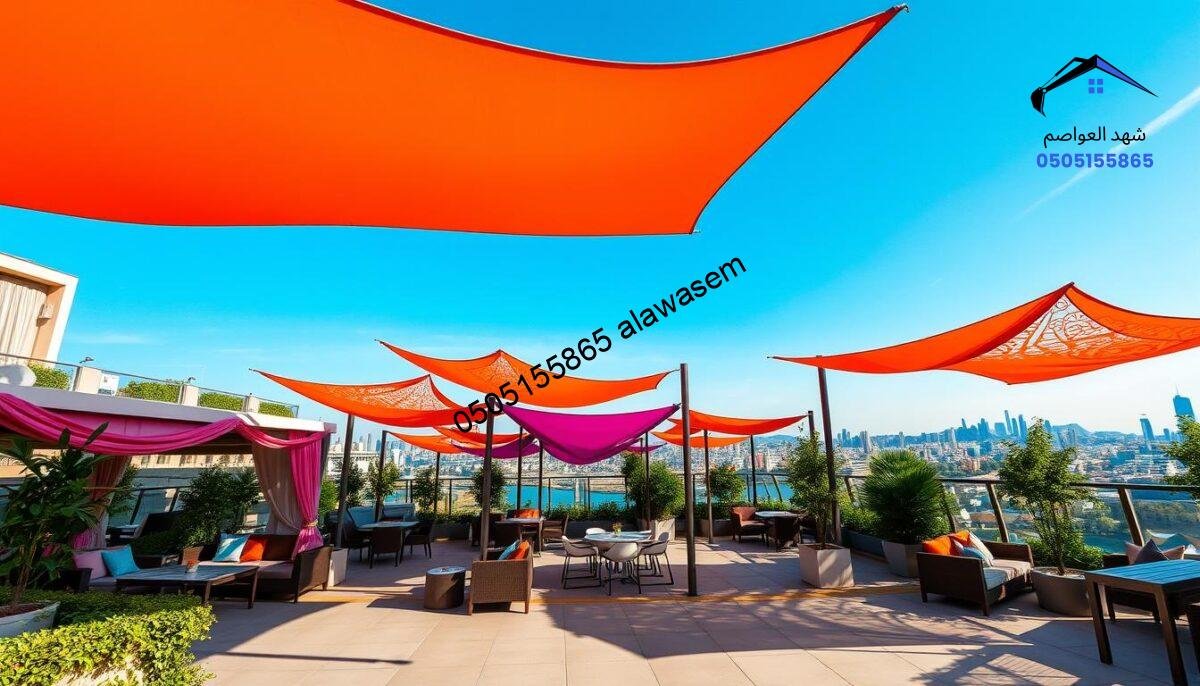 A beautifully designed outdoor setting featuring "مظلات سواتر شهد العواصم" showcasing elegant canopies in vibrant colors draping over stylish terraces and open spaces. In the foreground, focus on a luxurious rooftop terrace adorned with lush greenery, modern furniture, and shadowed areas created by the canopies. The middle of the image includes multiple canopies arranged harmoniously, displaying intricate patterns and textures that capture attention. The background reveals a stunning skyline, with clear blue skies and soft sunlight filtering through, creating a warm and inviting atmosphere. Use a wide-angle lens to emphasize the spaciousness and beauty of the scene and ensure the colors are vivid and engaging, evoking a sense of relaxation and comfort.