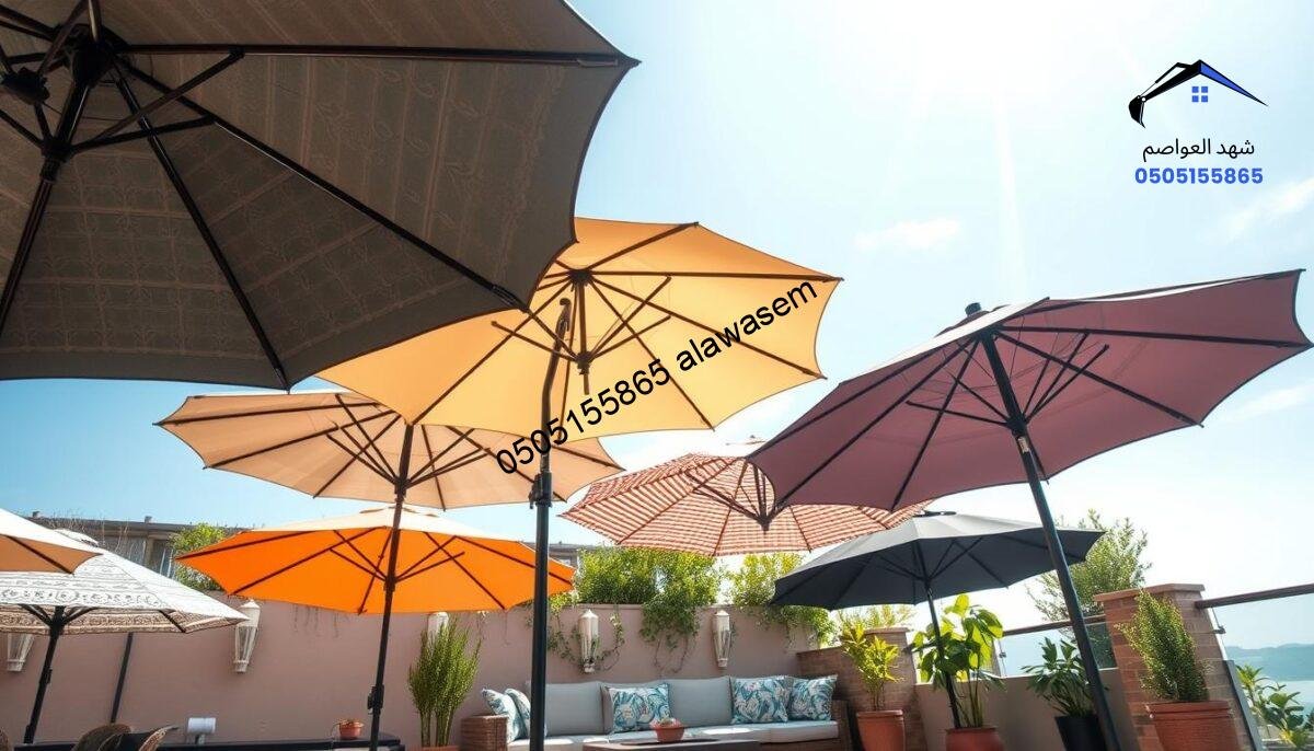 A beautifully designed outdoor setting showcasing various types of stylish outdoor umbrellas for terraces and patios, emphasizing functionality and aesthetics. In the foreground, a collection of elegant, colorful umbrellas open wide, highlighting their intricate patterns and textures. The middle layer features a cozy seating area, adorned with decorative cushions and potted plants, providing a warm and inviting atmosphere. In the background, a clear blue sky with soft, diffused sunlight illuminates the scene, creating a pleasant and cheerful mood. The composition is shot at a slight angle, enhancing the depth of the image while maintaining a focus on the umbrellas, resulting in a professional and polished appearance suitable for an informative article section.