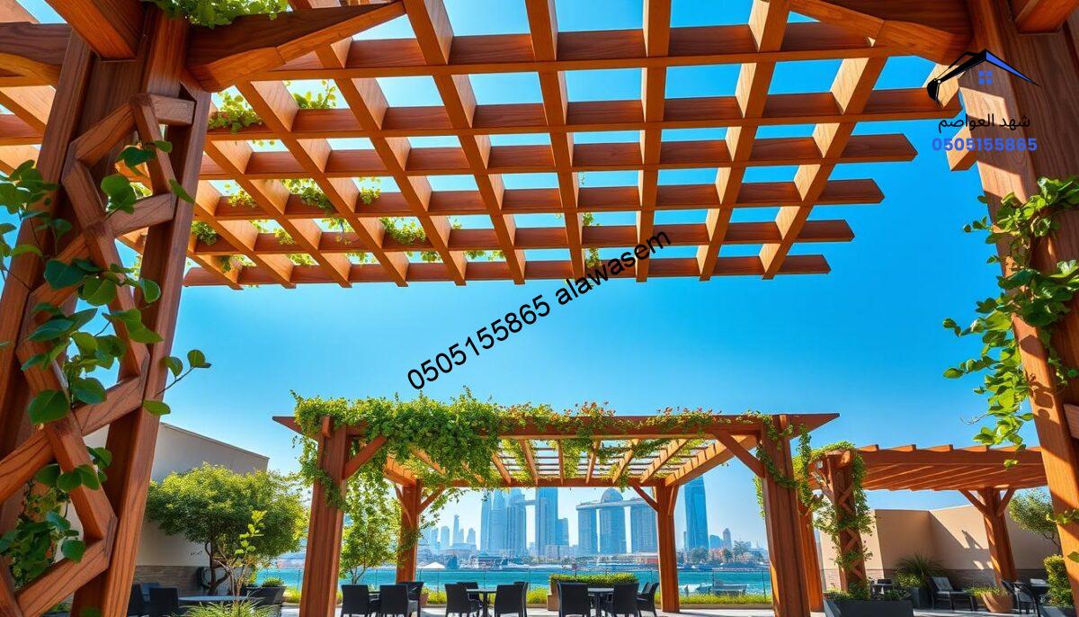 A beautifully designed pergola in Riyadh, showcasing modern architecture that offers shade and style. In the foreground, intricate wooden beams elegantly interconnect, adorned with lush green climbing plants. The middle ground features a serene outdoor seating area with tasteful furniture beneath the pergola, providing a cozy atmosphere suitable for gatherings. In the background, the iconic Riyadh skyline can be seen under a clear blue sky, with soft, warm sunlight casting gentle shadows that enhance the textures of the pergola. The scene conveys a peaceful, inviting mood, emphasizing the importance of outdoor spaces in urban living. The camera angle captures the pergola at a slight upward tilt, focusing on its architectural details while framing the vibrant city beyond.