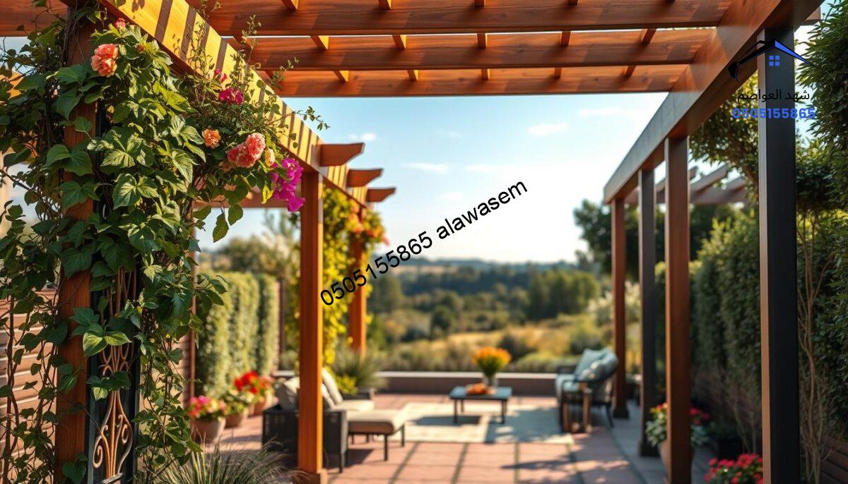 A beautifully designed pergola in a modern garden setting, showcasing a perfect blend of wood and metal materials. In the foreground, the pergola boasts elegant, intricate patterns, with climbing vines and colorful flowers draping over the structure, adding a touch of nature. The middle ground features a cozy outdoor seating area with stylish furniture, inviting viewers to envision relaxation under the shade. In the background, a tranquil landscape includes lush greenery and a serene blue sky, illuminated by soft, warm sunlight to create an inviting atmosphere. The scene captures a sense of harmony and sophistication, emphasizing the importance of selecting the perfect pergola for any outdoor space. Focused perspective with a slightly elevated angle for a dynamic view.