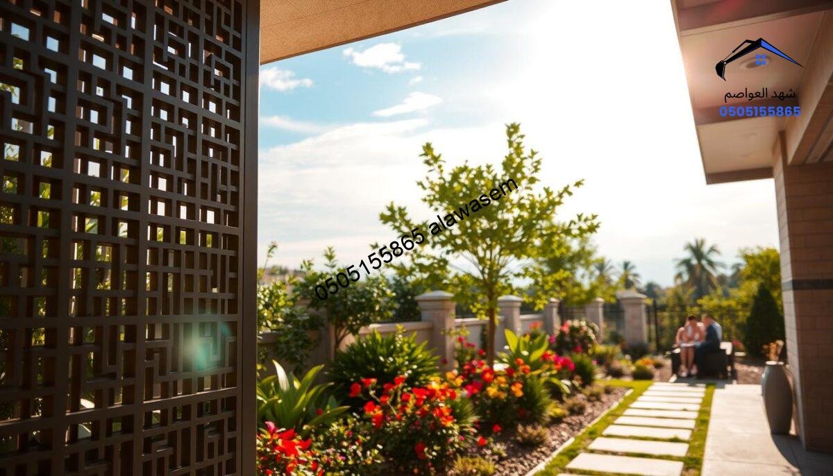 A beautifully landscaped garden featuring sleek, modern metal screens (سواتر معدنية) that provide shade and privacy. In the foreground, the intricate details of the metallic panels showcase a contemporary design with geometric patterns. The middle ground captures a tranquil garden space adorned with vibrant flowers and lush greenery, positioned beside the screens. In the background, a clear blue sky with soft, diffused sunlight illuminating the scene, creating a warm and inviting atmosphere. The angle is slightly elevated, offering a panoramic view of the harmonious blend between the metal screens and the natural elements. The overall mood is serene and elegant, ideal for a stylish outdoor setting.
