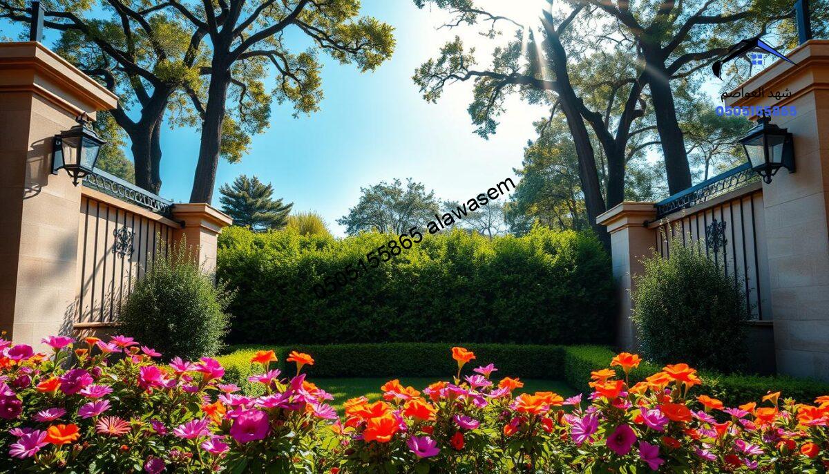 A beautifully landscaped garden surrounded by elegant garden walls, showcasing a harmonious blend of nature and security. In the foreground, vibrant flowers bloom against a backdrop of smooth, stone walls with decorative wrought iron accents. The middle layer features lush greenery and carefully manicured hedges, providing a sense of tranquility and privacy. In the background, tall trees frame the scene under a bright blue sky, with soft sunlight filtering through the leaves to create a warm, inviting atmosphere. The image captures a serene but secure environment, perfect for illustrating garden walls and protective systems, emphasizing aesthetic appeal and safety.