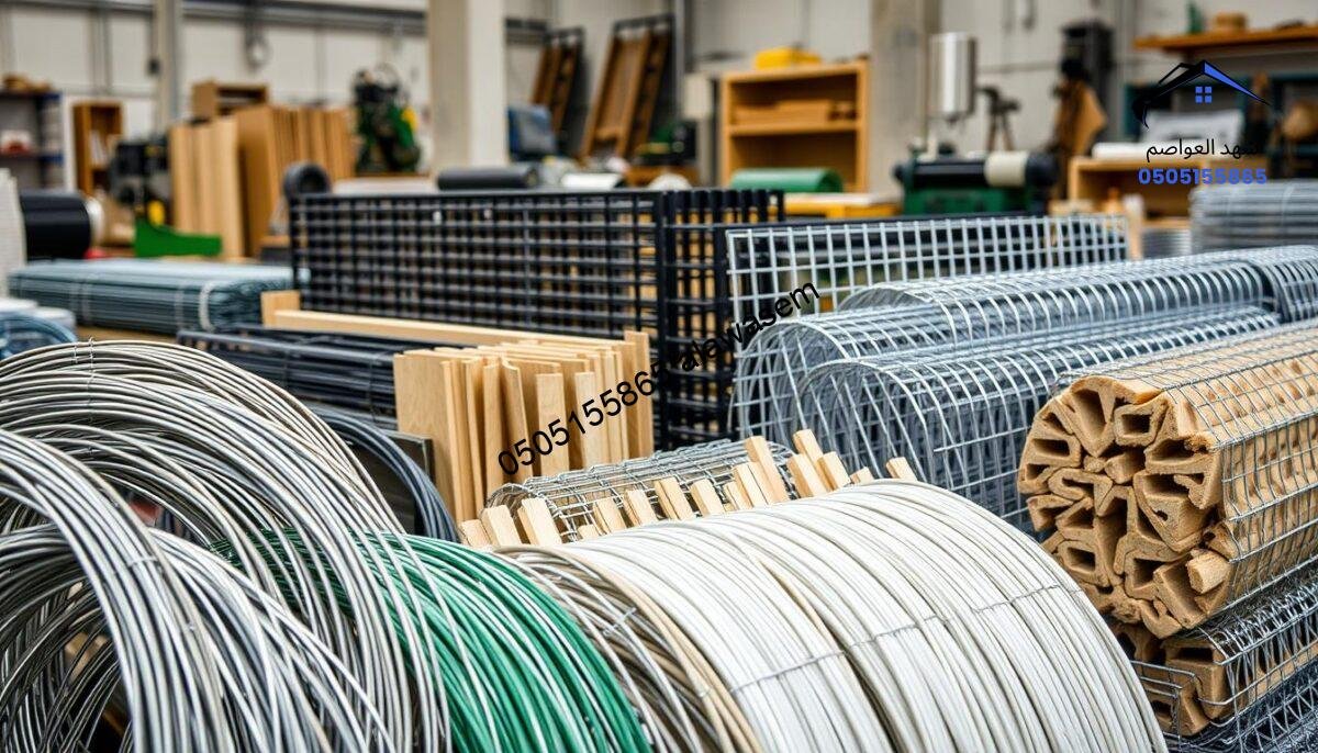 A close-up image showcasing various materials used in fence manufacturing in Riyadh. In the foreground, display a selection of wire types, including galvanized steel and PVC-coated options, along with wooden and composite components. The middle ground features neatly arranged fence panels and rolls of wire mesh, highlighting their texture and construction. In the background, hint at a workshop setting with tools and machinery used for fabricating these materials. The lighting is soft yet bright, illuminating the textures and details, evoking a sense of professionalism and craftsmanship. Use a slightly elevated angle to capture the layout clearly, allowing the materials to be the main focus of the image, reflecting the essence of fence material production.