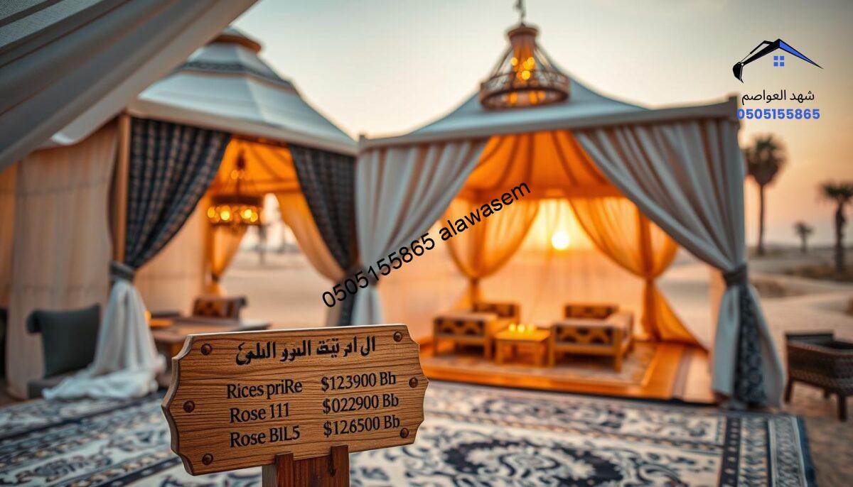 A close-up view of a luxurious tent made of high-quality materials, showcasing the interior design of a traditional Arabic "بيت شعر" (tent) adorned with elegant decorations and rich fabrics. In the foreground, display a beautifully crafted wooden sign with the prices of different tent models elegantly engraved. The middle ground features the tent's exquisite details, including patterned textiles and ambient lighting that creates a warm, inviting atmosphere. The background shows a serene outdoor scene, blending natural elements like palm trees and sand dunes under a sunset sky. The overall mood is opulent yet grounded, reflecting both luxury and tradition, perfect for emphasizing the pricing of royal and regular tents.