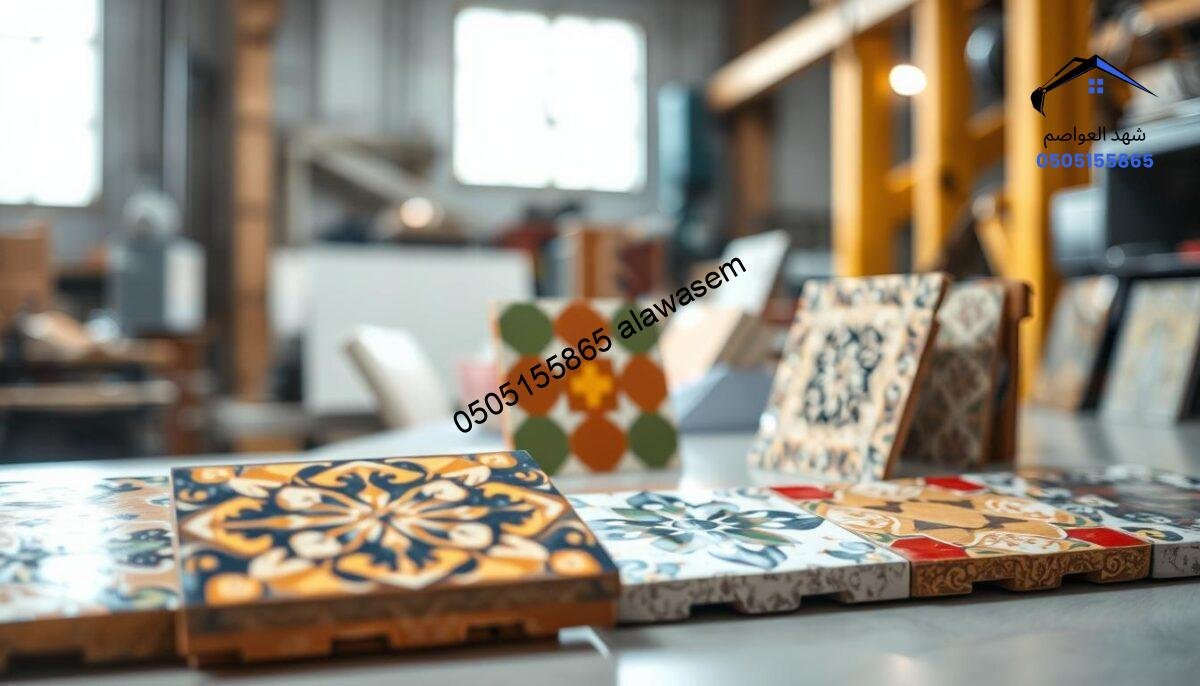 A close-up view of a variety of heat-insulating ceramic tiles, arranged aesthetically on a well-lit surface. In the foreground, showcase a selection of colorful Spanish-style tiles, featuring unique patterns and textures that highlight their heat-resistant properties. The middle layer should include a few sample tiles standing upright against a backdrop of soft, natural light to emphasize their vibrant colors and glossy finishes. In the background, out-of-focus industrial setting with soft, diffused sunlight filtering through a window, adding warmth to the atmosphere. The overall mood is professional and informative, with a focus on the elegance and practicality of heat-insulating ceramic tiles.
