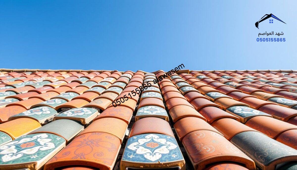 A close-up view of beautiful Spanish tiles (قرميد اسباني) arranged aesthetically on a rooftop. In the foreground, the tiles exhibit vibrant colors with intricate patterns, showcasing their unique design and texture. The middle ground features a partially installed section of the roof with some tiles still unplaced, emphasizing the craftsmanship involved in installation. The background reveals a clear blue sky, adding a serene atmosphere to the scene. Soft, natural sunlight illuminates the tiles, casting gentle shadows that enhance their details. The angle is slightly elevated, providing a comprehensive view of the tiles against the sky, creating a professional and inviting look, perfect for an article introduction about Spanish tiles.