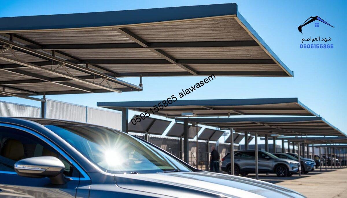 A close-up view of metallic car shade structures, showcasing various designs and styles. In the foreground, a sleek, modern car is parked under a sturdy metal shade, emphasizing protection from sunlight. In the middle ground, several metallic shades with different geometric patterns are presented, with a mixture of silver and dark gray tones reflecting sunlight. In the background, a clear blue sky enhances the scene, adding a sense of spaciousness. The lighting should be bright, highlighting the textures of the metal and casting soft shadows to create depth. The overall mood is professional and protective, ideal for illustrating effective metal shade solutions for cars.
