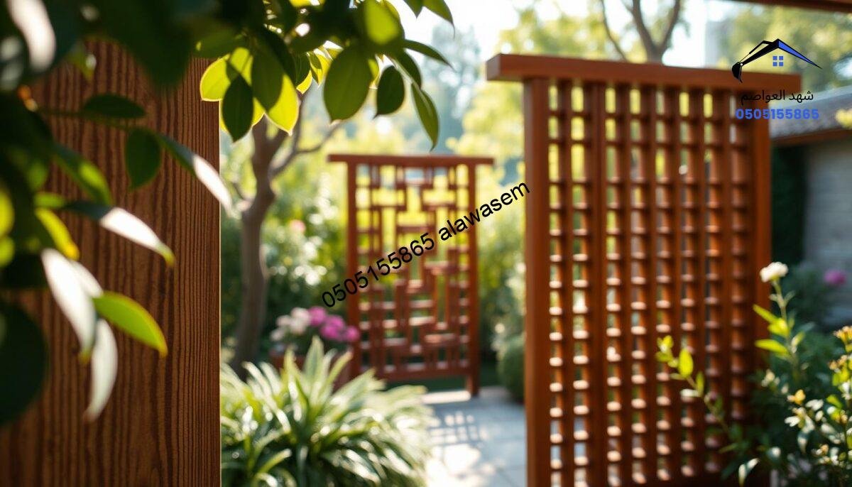A close-up view of wooden screens (سواتر خشبية) used for outdoor privacy and aesthetics in a garden setting. In the foreground, highlight the natural wood grain texture of the screens, with sunlight filtering through leaves, casting delicate shadows. The middle layer features a beautifully crafted wooden screen standing against a lush green backdrop with flowering plants and shrubs, showcasing its function. In the background, a serene garden space can be seen, with soft, warm lighting suggesting a peaceful atmosphere. The overall mood should be inviting and tranquil, emphasizing the elegance and craftsmanship of the wooden screens, without any people or text present. Use a shallow depth of field to create a soft focus effect on the background.