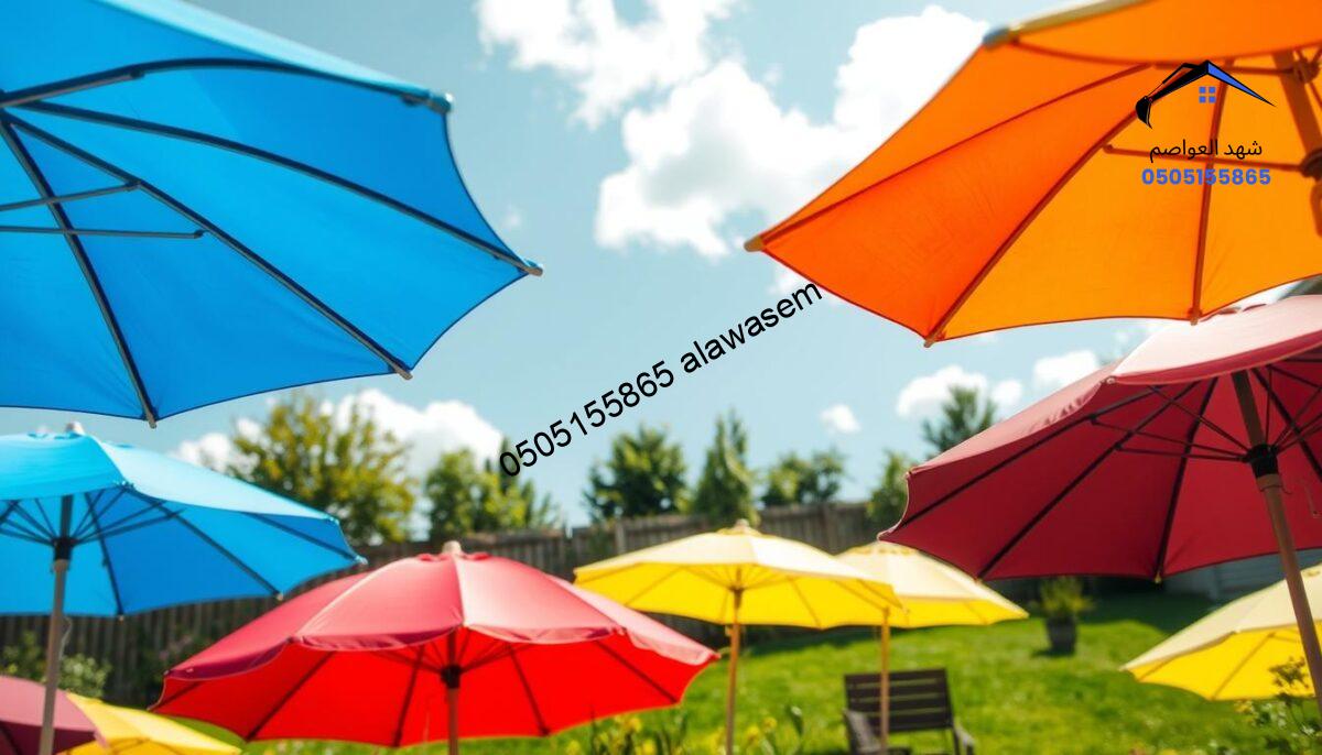 A collection of colorful plastic umbrellas set in an inviting backyard setting. In the foreground, several open umbrellas in vibrant shades of blue, red, and yellow create a cheerful atmosphere, showcasing their smooth, glossy surfaces. In the middle, a well-maintained green lawn features a stylish patio furniture arrangement underneath the umbrellas, inciting a sense of leisure. In the background, a bright blue sky with fluffy white clouds enhances the outdoor vibe. Soft, warm natural lighting bathes the scene, creating a relaxed and inviting mood. The angle is slightly low, focusing on the umbrellas, giving a sense of depth and highlighting the various designs. This image should convey the charm and functionality of plastic umbrellas in home settings.