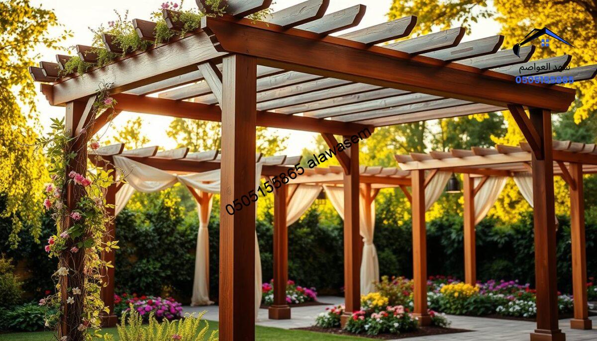 A collection of elegant wooden pergolas showcased in a tranquil garden setting. In the foreground, a beautifully crafted pergola made of rich, dark timber stands, featuring intricate latticework and climbing vines blooming with flowers. In the middle ground, two additional pergolas with a lighter wood tone, one covered with a canopy of draped fabric, and the other adorned with hanging lanterns, give a sense of variety. The background features lush greenery and colorful flower beds under soft, golden afternoon sunlight. The overall atmosphere is serene and inviting, perfect for relaxation or gatherings. Use a slightly elevated angle to capture the depth and beauty of the arrangement. The image should evoke a feeling of outdoor luxury and charm, highlighting diverse design options.