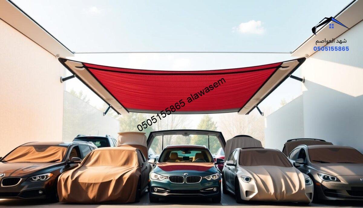 A collection of high-quality PVC car shades, showcasing various styles and sizes, prominently displayed in a bright, well-lit setting. In the foreground, several different models of car shades made from durable, 1100-gram Korean-German fabric are arranged artfully. The middle ground features a few shades opened to demonstrate their spaciousness and design, with vibrant colors reflecting the light. In the background, there are subtle hints of an outdoor setting, like trees or a parking lot, to emphasize their practical use. The image captures a professional ambiance with soft, natural lighting, focusing on the textures and details of the fabrics, creating a sense of reliability and effectiveness, inviting viewers to explore these premium car shades.