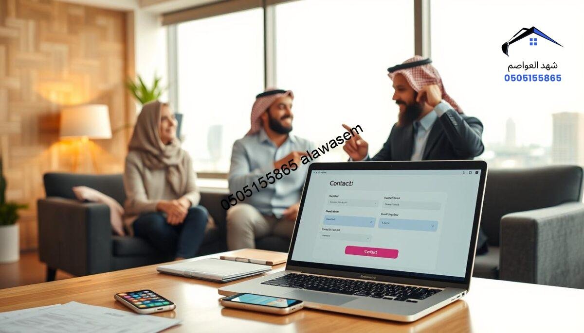 A cozy, professional office environment showcasing a clear communication setup. In the foreground, a well-organized desk features a laptop with a detailed contact form displayed on the screen. A smartphone rests next to it, displaying communication apps. The middle ground includes a friendly, diverse team of two professionals dressed in smart casual attire, engaged in discussion, pointing at the laptop as they brainstorm ideas for effective communication. The background features a large window with natural light streaming in, illuminating the room with a warm glow, and a cityscape of Riyadh visible outside. The overall mood is inviting and collaborative, emphasizing successful interaction and accessibility.