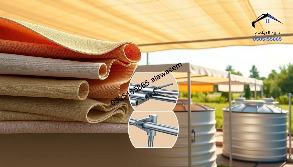 A detailed and informative illustration showcasing the materials used in the manufacture of canopies for protecting tanks from sunlight. In the foreground, display various types of fabrics, such as UV-resistant polyester, acrylic, and canvas, with their textures and colors highlighted. Include close-ups of metal frames and mounting systems in the middle layer, emphasizing their durability and design. In the background, depict a well-lit outdoor environment that simulates real-life installation setups, featuring tanks covered with canopies. Use natural, soft lighting to create a warm and inviting atmosphere, captured through a slightly elevated angle to provide a comprehensive overview of the materials and their applications. The overall mood should convey a sense of reliability and quality in canopy production.
