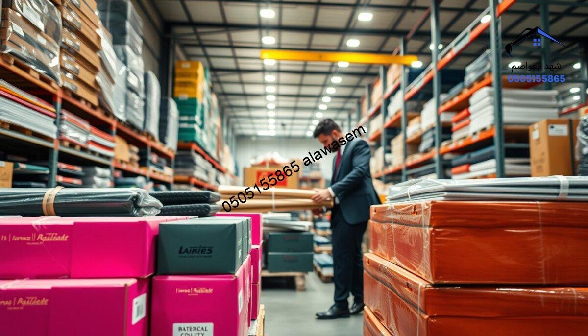 A detailed and professional image showcasing "Supply Chain and Material Quality," depicted in a modern warehouse setting. In the foreground, vibrant boxes and pallets of car awnings neatly arranged, highlighting their material quality. The middle ground features workers in professional business attire, carefully inspecting and sorting the materials, showcasing their commitment to quality control. The background includes shelves stocked with various car awnings, illuminated by bright, even lighting that enhances the clarity of textures and colors. The atmosphere is industrious yet organized, reflecting efficiency and professionalism. The image captures a wide-angle view, with a shallow depth of field on the workers, bringing focus to their meticulous efforts in maintaining high standards within the supply chain.