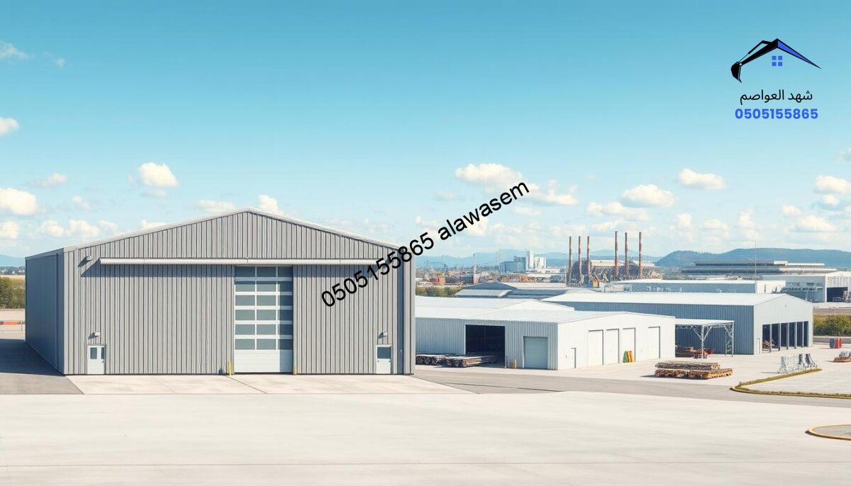 A detailed architectural illustration of various types of "هناجر احواش" (storage hangars) in a harmonious industrial setting. In the foreground, showcase a well-structured hangar with a sleek metal design, large sliding doors, and ample windows to let in natural light. In the middle ground, display a few different styles of hangars varying in size and function, such as open-air storage and climate-controlled units, all surrounded by neatly organized outdoor spaces. The background should feature a clear blue sky with soft, fluffy clouds and an industrial landscape, including a distant silhouette of factories and warehouses. The overall atmosphere should be professional and industrious, illuminated by gentle midday sunlight, captured with a slight low-angle perspective to emphasize the scale and functionality of the hangars.