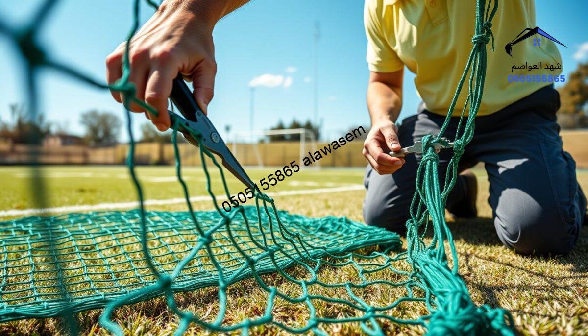 A detailed close-up scene depicting the maintenance of sports field nets. In the foreground, a professional technician dressed in a polo shirt and work pants is skillfully repairing a green sports net, utilizing tools like pliers and zip ties. The middle layer shows additional nets arranged neatly on the ground, with the technician highlighting structural integrity and mesh visibility. The background features a vibrant, well-maintained sports field, complete with goalposts and a bright blue sky, emphasizing a sunny day. The lighting is natural with soft sunlight casting gentle shadows, creating an uplifting and industrious atmosphere. The composition should focus on the act of maintenance, showcasing the importance of proper care for sports equipment without any distractions or text.