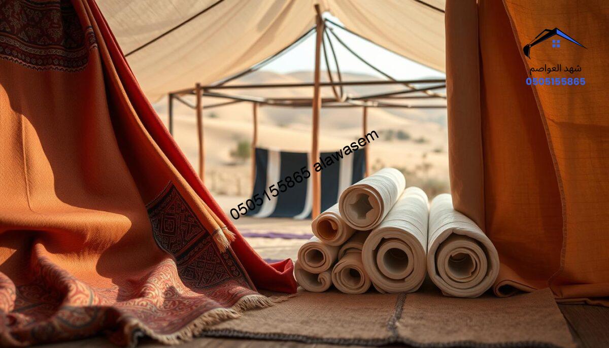 A detailed composition showcasing various materials used in the construction of tents ("بيوت الشعر"). In the foreground, focus on high-quality fabrics such as thick, colorful canvas and elegant decorative textiles, elegantly arranged with traditional patterns. In the middle, display sturdy metal frames and wooden poles that support the structure, with rolls of insulation material artfully placed beside them. The background should feature a serene outdoor setting, possibly a desert or garden, with soft, diffused natural lighting that conveys warmth and inviting atmosphere. The angle is slightly elevated, capturing the intricate details of each material. Aim for a harmonious and informative mood, emphasizing craftsmanship and quality in tent construction. The image must be free of any text or brand markings.