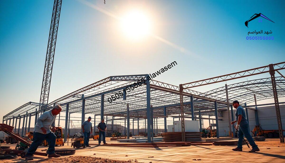 A detailed depiction of a professional installation service for warehouses and hangars in Riyadh. In the foreground, show skilled workers in modest casual clothing, carefully assembling steel structures, utilizing tools and equipment such as welding machines and drills. The middle ground should display partially constructed hangars and warehouses, showcasing large metal frames and prefabricated panels being put together. In the background, include a clear blue sky typical of Riyadh, with the sun casting warm, golden light on the scene, creating a productive and energetic atmosphere. The angle should be slightly elevated, allowing a wide view of the installation process, emphasizing the scale and precision of the work.