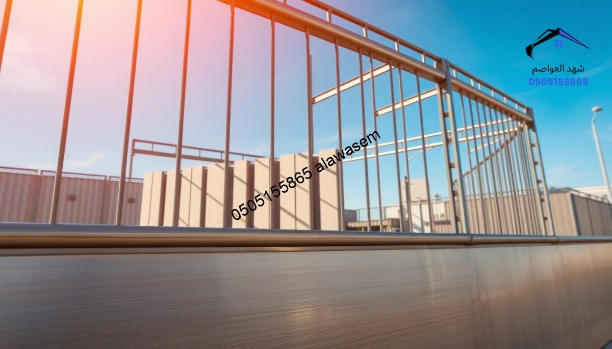 A detailed depiction of metallic barriers, known as "سواتر معدنية," set in a modern outdoor environment. In the foreground, showcase sturdy, sleek metal panels with a brushed finish and a slight reflection of sunlight. The middle ground features multiple panels arranged in a protective configuration, casting long shadows, indicating their robust construction. The background features a clear blue sky with soft, warm lighting, highlighting the structure's industrial design. The atmosphere is professional and functional, embodying durability and modernity. Capture the image with a slight low-angle perspective to emphasize the height and resilience of the barriers, ensuring the surroundings remain clean and unobtrusive.