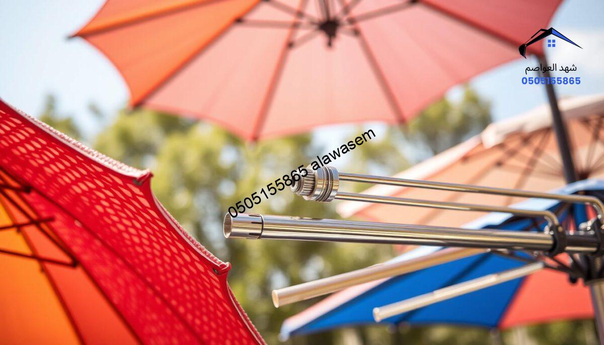 A detailed display of various materials used for manufacturing plastic home umbrellas, showcasing a close-up view of colorful polyethylene and polypropylene fabrics in vibrant hues. In the foreground, intricately woven textures demonstrate durability and weather resistance. The middle layer features a selection of sturdy metal frames, illustrating various designs and joints used for flexibility and support. The background softly blurs, depicting an outdoor setting with trees and a bright blue sky, creating a serene atmosphere. The lighting is natural, highlighting the sheen of the plastic materials and casting soft shadows. The image captures the essence of practicality and innovation in umbrella manufacturing, focusing on quality and aesthetic appeal.