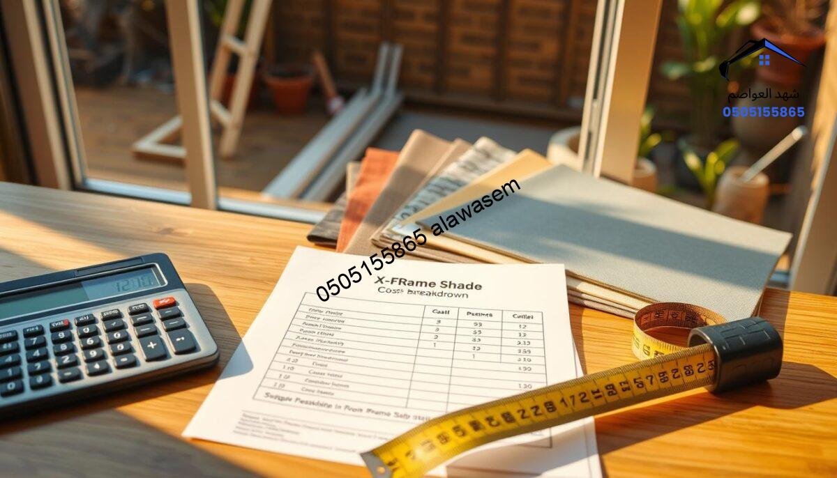 A detailed flat lay showcasing the cost of installing X-Frame shades. The foreground features a neatly arranged calculator, measurement tape, and cost breakdown paperwork, symbolizing budgeting. In the middle, a set of X-Frame shade samples in different colors and patterns are displayed, illustrating the product variety. The background should feature a blurred construction site or a garden space where the shades could be installed, hinting at outdoor ambiance. Warm, natural lighting emphasizes the shades' textures, while soft shadows create depth. The atmosphere should convey a sense of professionalism and practicality, suitable for a financial overview of shade installation costs.
