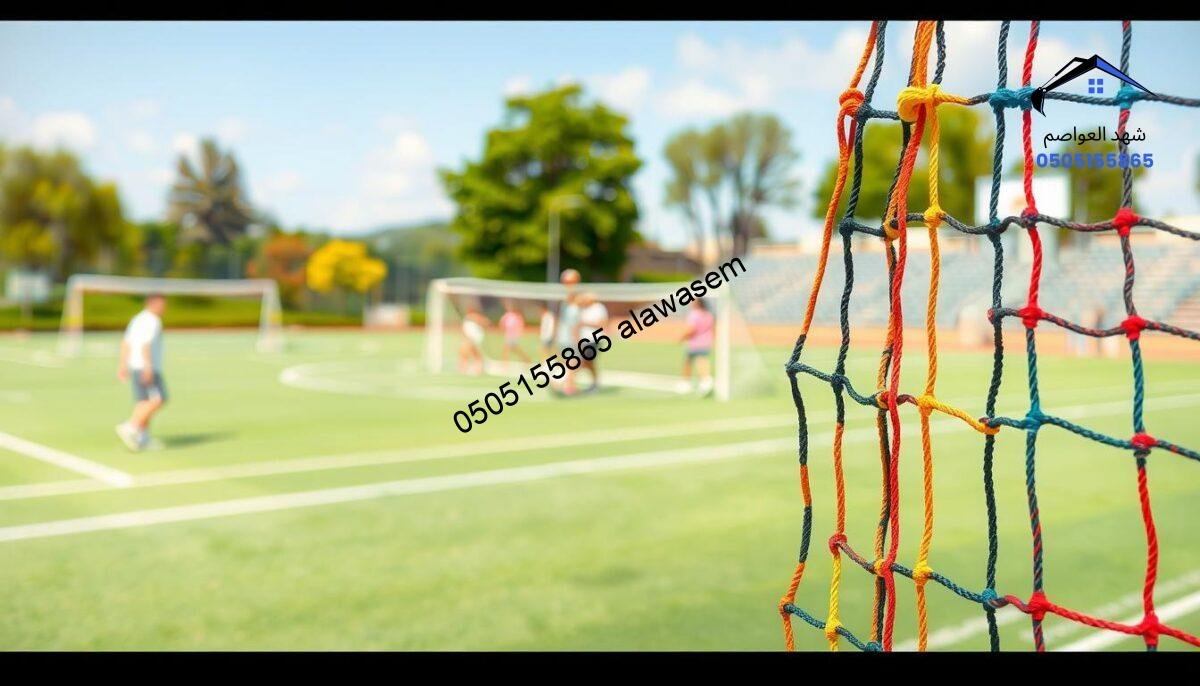 A detailed illustration of various types of sports nets, prominently featuring a series of colorful, tightly woven nets designed for soccer, basketball, and tennis. In the foreground, a close-up view showcases the texture and intricate patterns of the nets, emphasizing their durable materials. In the middle ground, there are different styles of sports nets set up in lively recreational settings with players preparing to engage in their respective sports, dressed in modest athletic wear. The background includes blurred elements of a sunny sports complex, with trees and distant stands to establish an active, vibrant atmosphere. The lighting is bright and cheerful, capturing the excitement of outdoor sports. The perspective is slightly elevated, conveying a sense of overview without any distracting elements like text or logos.