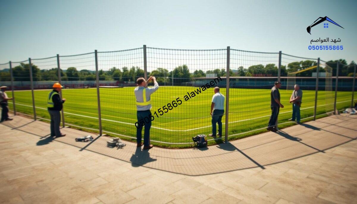 A detailed image depicting the installation of sports field fences. In the foreground, several workers in professional attire are engaged in the installation process, carefully aligning the posts and stretching the netting. The middle ground shows a partially completed fence surrounding a vibrant, well-maintained sports field lush with green grass. In the background, a sunny sky illuminates the scene, casting soft shadows on the ground to create a warm atmosphere. The angle is slightly elevated, providing a clear view of the working crew and the surrounding area. The overall mood is industrious and focused, showcasing the importance of proper fencing in sports field setup. Emphasize the materials used, like sturdy metal posts and durable mesh, to reflect quality and craftsmanship.