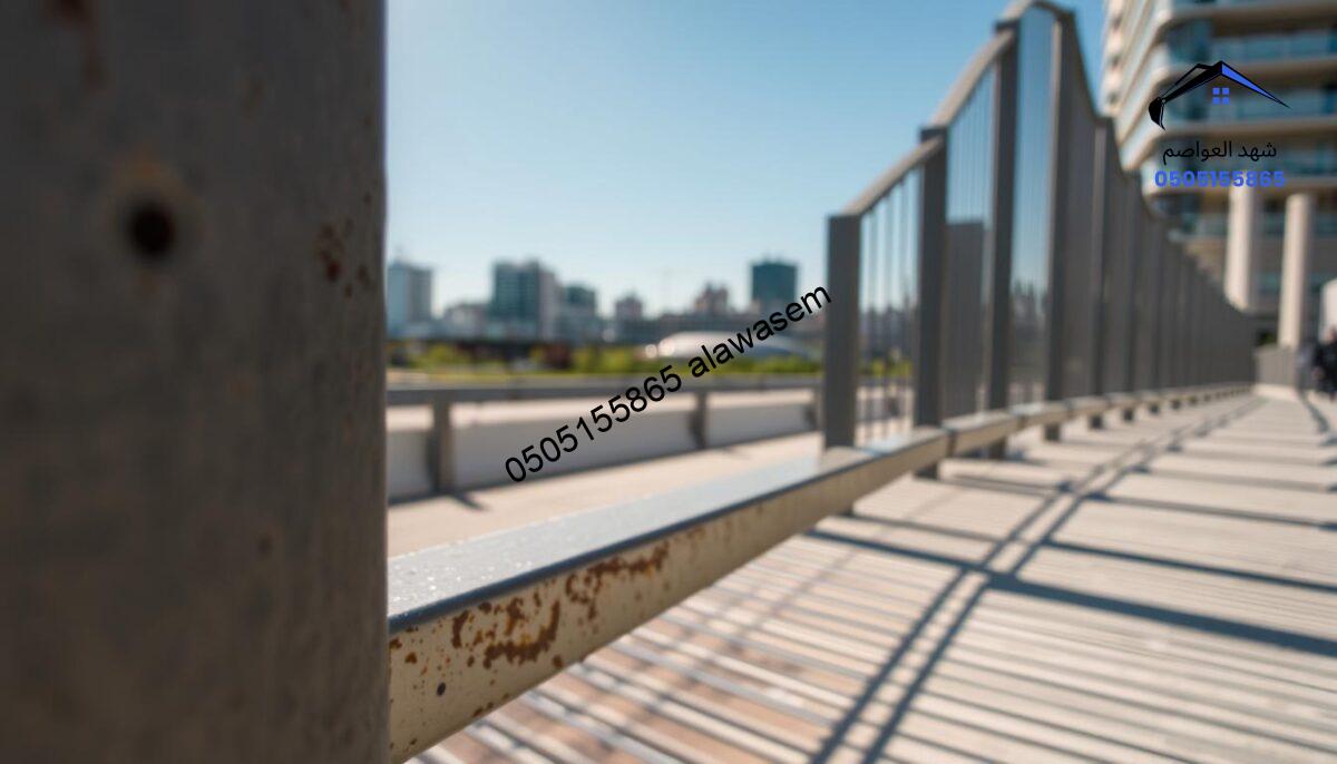 A detailed image of metallic barriers (سواتر معدنية) standing tall in an outdoor environment. In the foreground, display a close-up of the textured metal surface, showcasing rust-resistant finish and intricate patterns. In the middle ground, depict a row of these barriers casting long shadows under the midday sun, revealing their height and solid construction. In the background, include a blurred cityscape to suggest an urban setting, filled with buildings and a clear blue sky. The lighting is bright, enhancing the metallic sheen and creating a sense of security and durability. Capture the mood of resilience and practicality, emphasizing the barriers' role in providing protection and privacy. No captions or additional elements are present in the image.