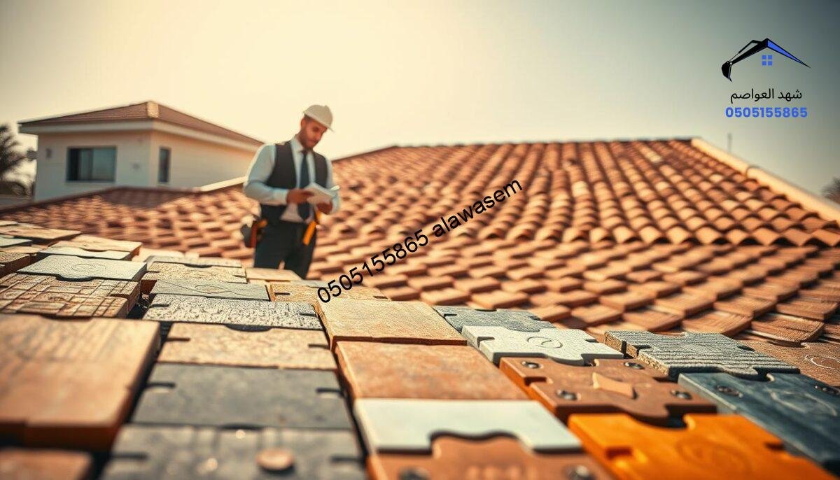 A detailed image showcasing a variety of Spanish tiles, prominently displayed in the foreground, highlighting their different shapes, colors, and textures. In the middle ground, depict a professional contractor assessing the tiles to reflect installation costs, dressed in business attire, with measuring tools and a notepad. The background should feature a residential setting in Riyadh, with a partially constructed roof using these tiles under bright, warm sunlight that casts realistic shadows. The atmosphere should convey a sense of professionalism and craftsmanship, inviting potential customers to consider the quality of the installation. The composition should focus on clarity and detail, with a shallow depth of field to emphasize the tiles and contractor.