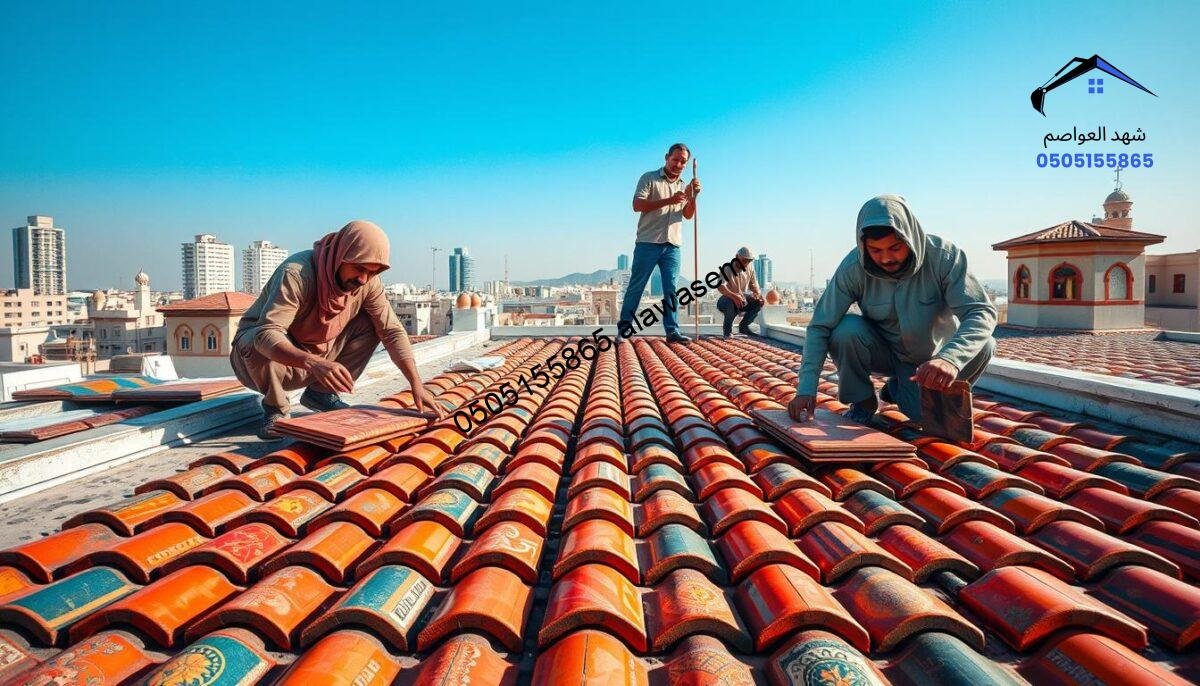 A detailed scene illustrating the process of "تركيب قرميد" featuring skilled workers on a rooftop in Riyadh. In the foreground, two professionals in modest casual clothing are carefully laying down vibrant Spanish tiles, showcasing intricate patterns typical of Spanish roofing. The middle ground captures additional workers passing tiles and tools, highlighting the collaboration involved in the installation. The background reveals a clear blue sky above the cityscape of Riyadh, with modern buildings blending into traditional architecture, reflecting the local culture. Soft, natural lighting enhances the shine of the tiles and the textures of the surrounding materials, while a low-angle perspective emphasizes the height of the rooftop, creating a dynamic and engaging atmosphere suitable for illustrating construction details.