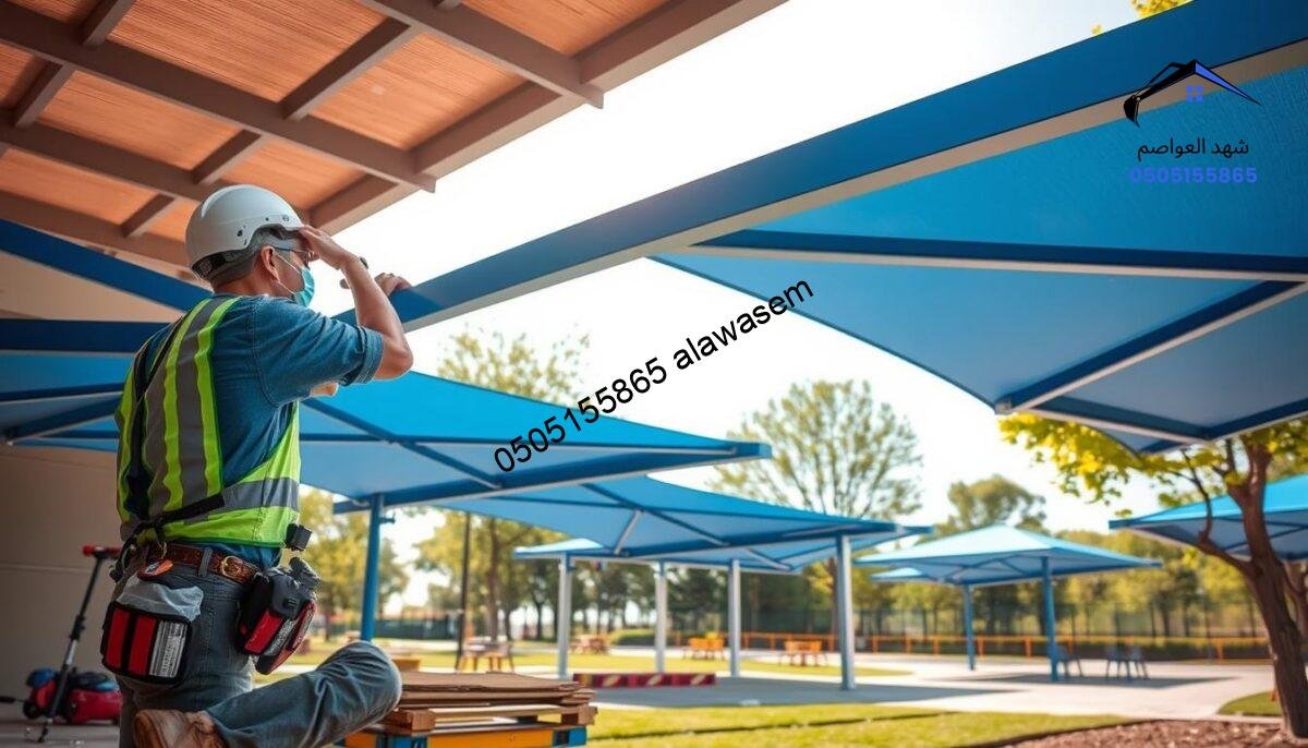 A detailed scene showcasing the installation of X-frame canopies in an outdoor setting, emphasizing the structural elegance and benefit of these commercial shade solutions. In the foreground, a skilled technician in professional attire, using safety gear, is in the midst of assembling a vibrant blue X-frame canopy; tools are neatly organized nearby. The middle ground features several other canopies at different stages of installation, illustrating the efficiency of the process. The background showcases a sunny park with green grass and trees, reflecting a serene atmosphere. Soft, diffused sunlight casts gentle shadows, enhancing the three-dimensionality of the structures. The image conveys professionalism, clarity, and the advantages of using X-frame canopies for outdoor spaces.