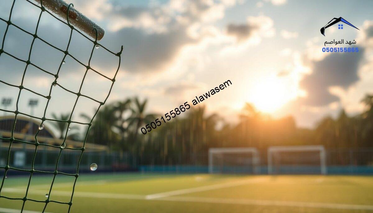 A detailed sports net (شبوك رياضية) set against a vibrant outdoor scene, capturing how weather elements like rain and sunlight interact with it. In the foreground, the sports net is taut and clearly defined, showcasing its intricate weave and structural strength. In the middle ground, raindrops glisten on the net, reflecting the soft light from a nearby setting sun, creating a magical atmosphere. The background features a blurred view of an empty sports field under a slightly cloudy sky, hinting at the impact of weather on athletic conditions. The image conveys a serene yet dynamic mood, emphasizing the durability and versatility of the sports net in varied weather scenarios. Use natural colors, focusing on green and blue tones, with soft lighting to enhance the tranquil feeling.