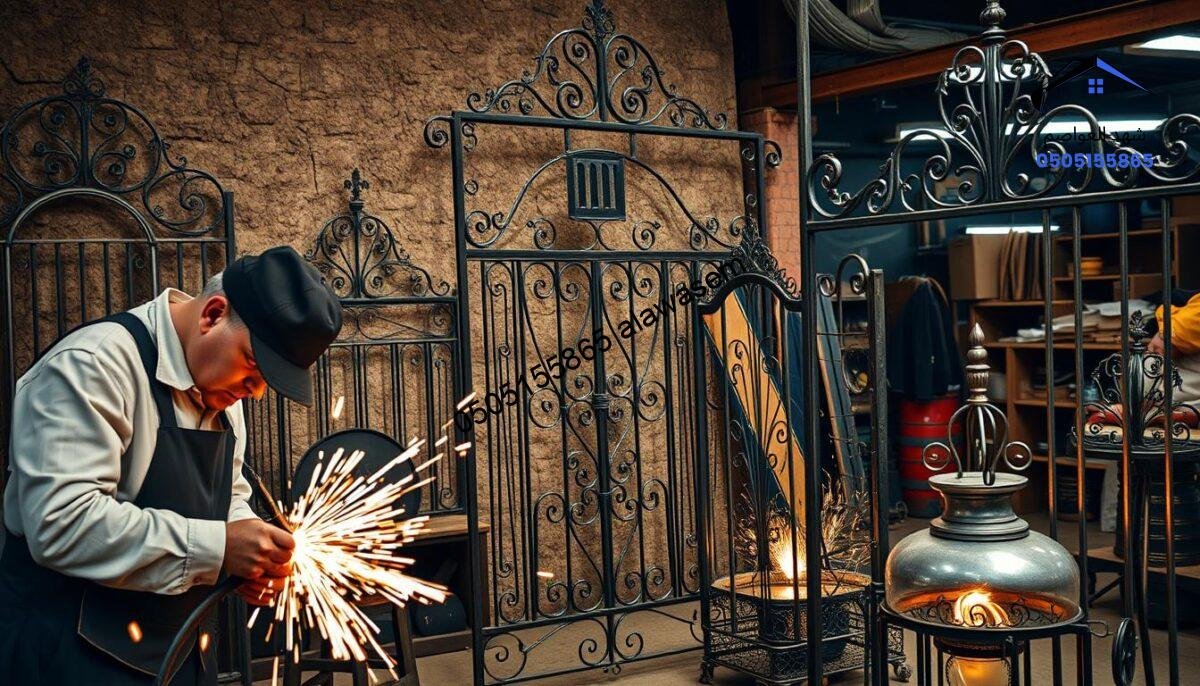 A detailed view of artistic metalwork showcasing various intricate wrought iron designs and structures, including gates, railings, and decorative elements. In the foreground, highlight a skilled artisan at work, wearing professional attire, meticulously crafting a decorative iron piece, with sparks flying from a welding tool. The middle ground features several completed works of art, elegantly displayed against a textured workshop backdrop, illuminated by soft, warm lighting to create an inviting atmosphere. The background reveals a glimpse of the bustling workshop environment, with tools and materials organized neatly, enhancing the creative energy of the space. The overall mood is one of craftsmanship and artistry, emphasizing the beauty of skilled metalwork in residential settings.