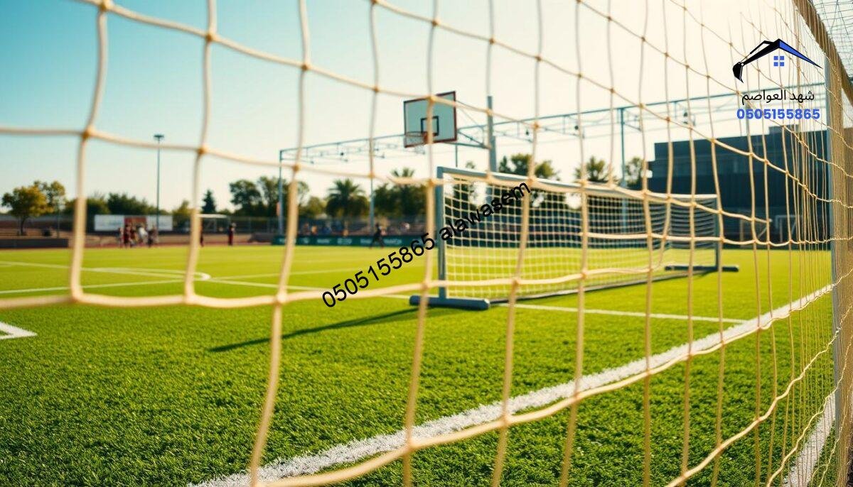 A detailed view of athletic sports nets at a modern outdoor sports facility. In the foreground, showcase the vibrant green of a well-maintained soccer field, featuring high-quality goal nets that are taut and bright against the field. The middle ground consists of multiple sports nets, including basketball nets and tennis nets, elegantly arranged, highlighting their durability and design. In the background, depict a sunny day with a clear blue sky and distant spectators enjoying a game, creating an atmosphere of excitement and leisure. Use natural lighting to enhance the colors, with a slight lens flare to capture the warmth of the day. The angle should create a dynamic perspective, focusing on the nets as the central element of the scene.