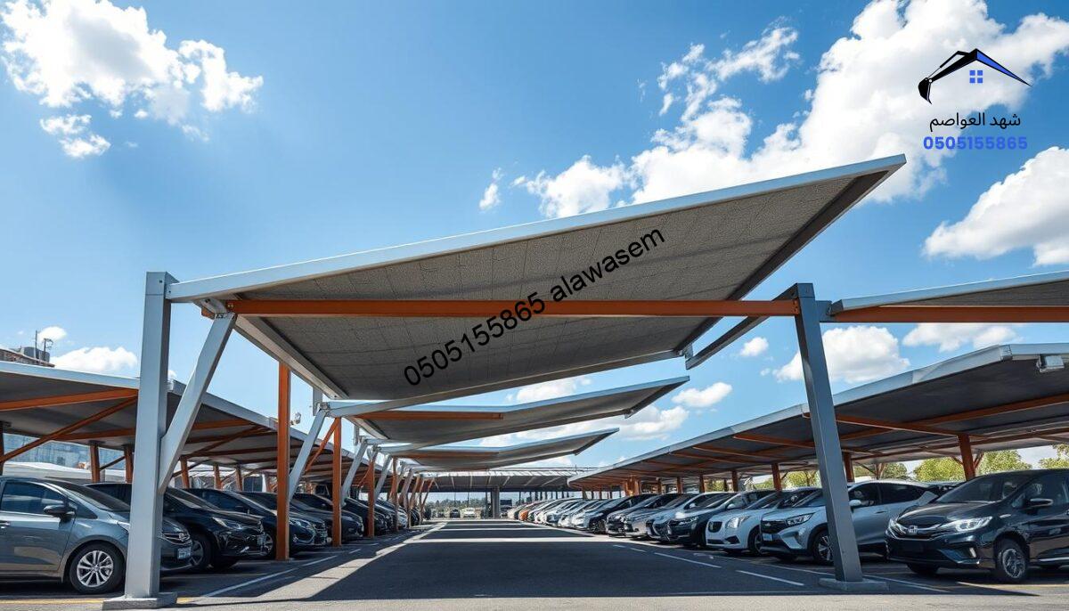 A detailed view of metallic car shades (السواتر المعدنية) in an outdoor parking lot setting. In the foreground, showcase robust, modern metal structures serving as car shades, featuring a sleek design with angular lines and various finishes like silver, bronze, and dark gray. The middle layer highlights rows of parked cars, partially shaded by the metallic structures, emphasizing their practical use. The background displays a clear blue sky with a few fluffy clouds, creating a bright, sunny atmosphere. Soft shadows cast by the shades add depth to the scene. Use a wide-angle lens perspective to capture the scale and functionality of the shades, ensuring even lighting for a clean and professional look, suitable for showcasing innovative parking solutions.
