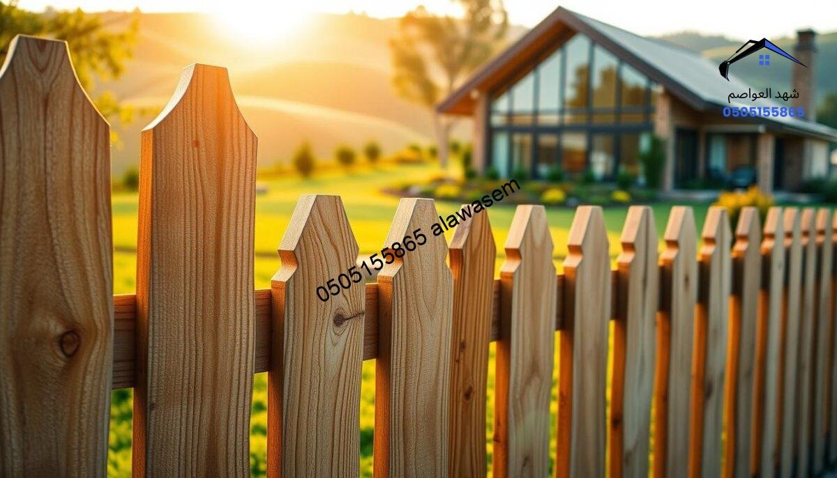 A detailed wooden fence in a serene outdoor setting, representing future innovations in wooden barriers. In the foreground, showcase intricate craftsmanship of the wooden boards, highlighting rich textures and natural grain patterns. The middle ground features a landscape of well-maintained gardens and soft rolling hills, offering a sense of tranquility and progress. In the background, a modern, eco-friendly home with large windows reflects sustainability and harmony with nature. The scene is bathed in warm, golden sunset lighting that casts gentle shadows, creating an inviting atmosphere. A soft focus effect can be used to emphasize the wooden details while maintaining a dreamy, optimistic mood, embodying the concept of development and future potential.
