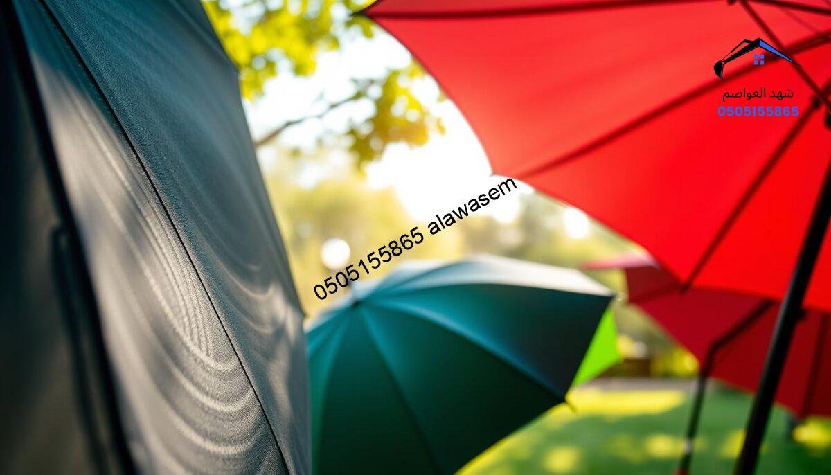A display of high-quality Korean-German PVC umbrellas, showcasing their durable fabric weighing 1100 grams. In the foreground, focus on a close-up of the umbrella's intricate texture and stitching details, highlighting the premium craftsmanship and vibrant colors. The middle ground features several opened umbrellas in varying elegant colors like dark blue, deep green, and rich red, arranged aesthetically to emphasize their shape and design. The background consists of a soft, blurred park scene, suggesting a sunny day with greenery, casting natural light that creates a warm and inviting atmosphere. Capture this image from a slight angle, showcasing the umbrellas' functionality and aesthetic appeal while maintaining a professional and informative mood, ideal for illustrating quality selection.