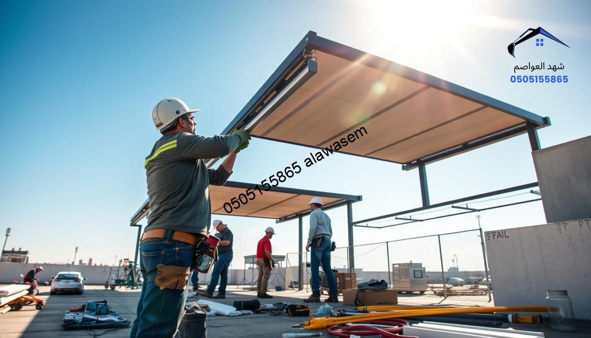 A dynamic construction scene featuring professional workers installing stylish outdoor canopies on a rooftop. In the foreground, a technician in smart casual clothing is securely fastening a sleek, modern awning to a structure, showcasing craftsmanship and efficiency. The middle ground highlights the partly assembled canopy, with tools and materials organized neatly for quick access. In the background, a clear blue sky indicates a bright day, with sunlight streaming across the scene, casting shadows and enhancing details. The atmosphere conveys a sense of urgency and professionalism, emphasizing the importance of quick execution in outdoor projects. Use a wide-angle lens to capture the entire setup, ensuring that the focus remains on the canopy installation process.