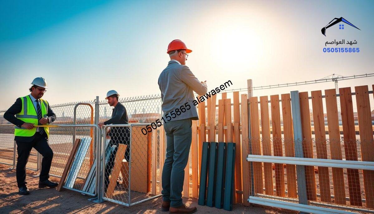 A dynamic construction site in Riyadh showcasing workers efficiently installing various types of fencing. In the foreground, a diverse team of professionals in business attire and safety gear is actively collaborating, with one worker measuring and another overseeing the installation process. In the middle ground, several types of fencing materials, such as chain-link, wooden, and vinyl fences, are displayed, highlighting their versatility. The background features a sunlit city skyline of Riyadh under a clear blue sky, evoking a sense of progress and quality. Natural daylight illuminates the scene, enhancing the vibrant colors of the fencing materials. The overall mood is industrious and empowering, reflecting speed and excellence in project execution.