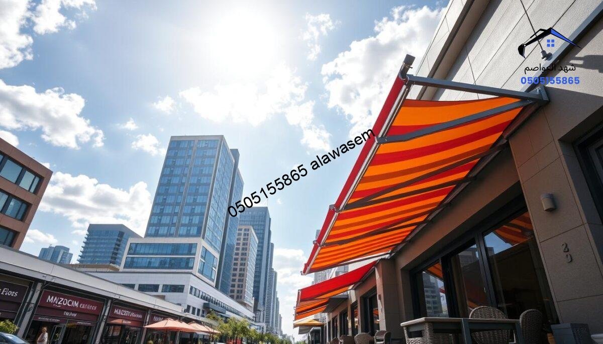 A dynamic scene featuring stylish, retractable awnings in a modern urban setting. In the foreground, display a large, colorful retractable awning extending over a patio of a contemporary café, with elegant furniture beneath it. In the middle ground, depict a street with several similar awnings adorning various shops, showcasing their flexibility and vibrant colors. In the background, include tall, sleek buildings under a bright blue sky, with soft, diffused sunlight streaming through scattered clouds to create a cheerful atmosphere. Capture this scene from a slightly elevated angle to provide a comprehensive view of the awnings in action. The mood should feel lively and inviting, highlighting the practical beauty of these moving awnings.