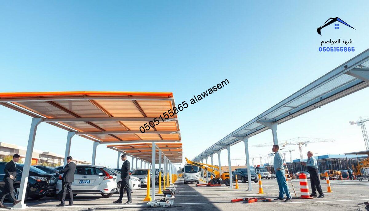 A dynamic scene showcasing a team of professionals efficiently executing a construction project for affordable car parking canopies. In the foreground, diverse workers in smart business attire meticulously measure and install durable, colorful canopies over various parking spaces. The middle ground features several partially completed structures and construction equipment, indicating progress and teamwork. The background highlights a clear blue sky and a well-organized construction site bustling with activity. Bright, natural lighting enhances the atmosphere, conveying a sense of urgency and precision in the project execution. The perspective is slightly elevated, providing a panoramic view of the entire site, illustrating an environment of collaboration and speed.