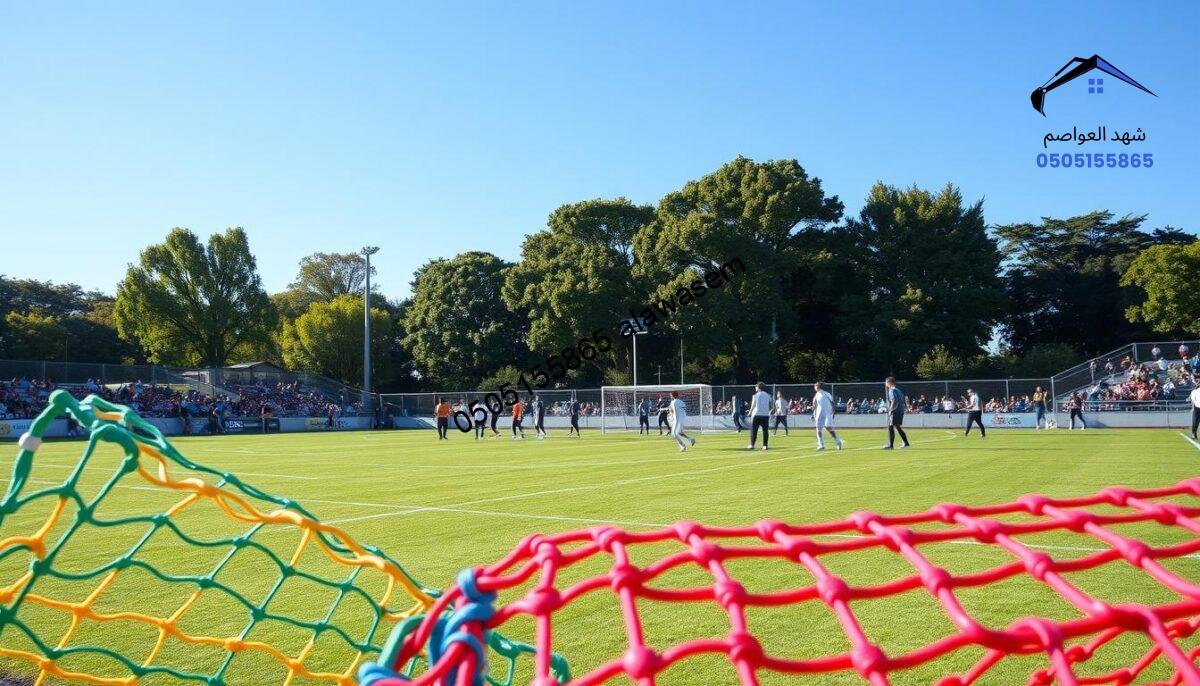 A dynamic sports field showcasing an array of colorful "شبوك رياضية" (sports nets) set in the foreground. The nets should be portrayed in vibrant shades, with different types of nets like soccer, basketball, and volleyball nets, all smoothly integrated. In the middle ground, a well-maintained sports field with neatly marked lines and players dressed in professional sports attire engaged in various activities, such as practicing or warming up. The background features cheering spectators and lush green trees under a bright blue sky, creating an uplifting atmosphere. The lighting is soft and natural, indicating a sunny day, and the perspective is slightly angled to capture depth. The overall mood should convey energy and enthusiasm, exemplifying teamwork and sportsmanship in a vibrant community setting.